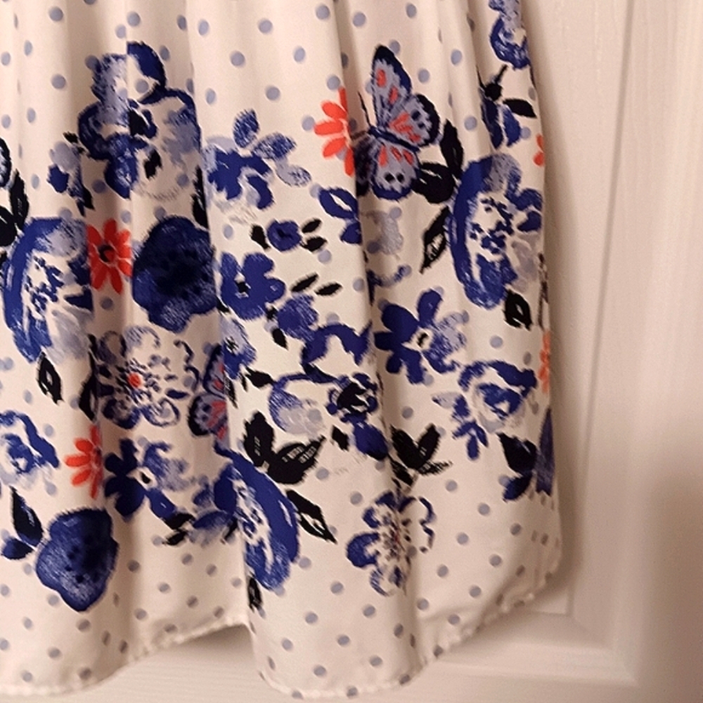 Laura Ashley Girls Polk-dot & Floral Blue & White Sleeveless Dress W/ Back Bow - Picture 2 of 9